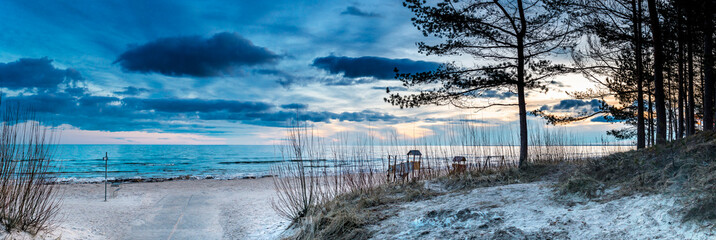 Panorama with winter landscape in Jurmala – famous Latvian tourist resort on the Baltic Sea. Beautiful sand beaches cover more than 26 km of coastline of the Riga gulf - 740261766