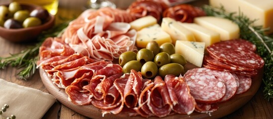 This photo showcases a platter filled with assorted cheese and salami, beautifully arranged atop a cold cuts platter and garnished with olives.