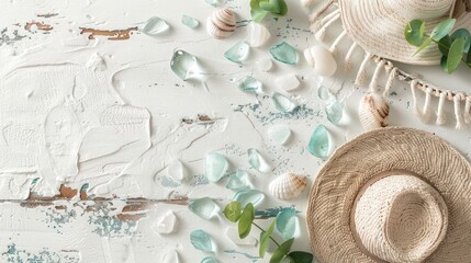 Seaglass décor scattered on a white background with rustic space in the center