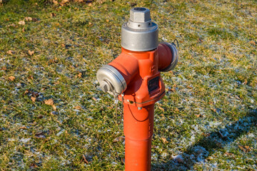 fire hydrant surrounded by green grass. Red fire hydrant on the side of the road