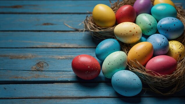 Congratulatory easter background, Easter eggs and flowers