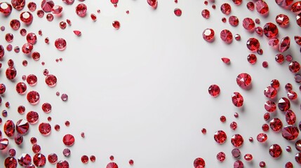 Ruby gemstones scattered on a white background with empty space in the center