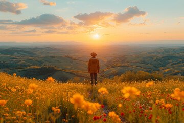 Fototapeta premium A painter capturing the beauty of a spring sunrise over rolling hills, embracing the transformative power of natural light. Concept of artistic inspiration. Generative Ai.