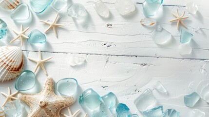 A centerpiece of seaglass scattered on a white background with rustic space in the center