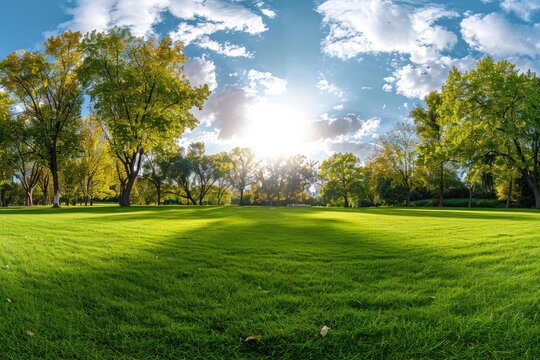 Beautiful nature scene. A panoramic photo of lawn with trees in distance