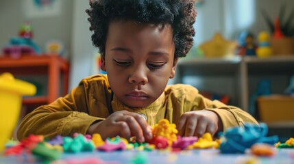 Fototapeta premium Young Child Concentrating on Playdough Creations