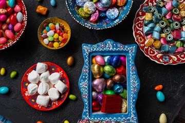 Fototapeta premium Colorful Eid Mubarak Candy and Chocolate, Ramadan Kareem Concept Photo, Uskudar Istanbul, Turkiye (Turkey)