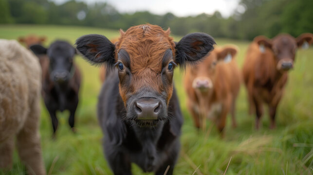 A close-up image of a young brown calf with a white snout, standing in a lush green field during sunset, with the sky painted in soft hues of blue and orange