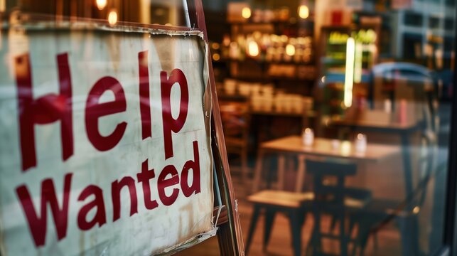 Help Wanted Sign on Glass Door of Cozy Cafe Interior