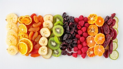 A colorful assortment of dried fruits arranged elegantly on a clean white background