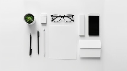 Minimalist stationery items laid out against a clean white backdrop