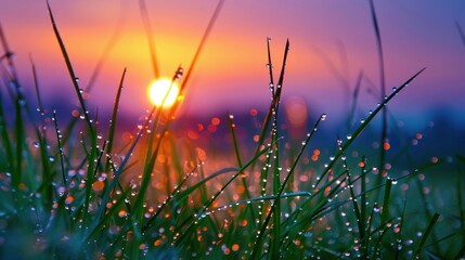 In the hush of dawn, the grass is adorned with fresh morning dew, each droplet sparkling with the promise of a new day