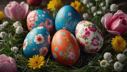 Fototapeta na wymiar colorful easter eggs with flowers