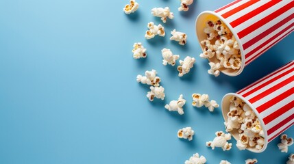 Scattered delicious popcorn from red striped box on pastel blue background with copy space