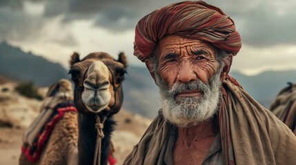 an older muslim man with camels in a desert landscape, in the style of social media portraiture, whimsical and playful scenes, konica auto s3, quirky portraits, 