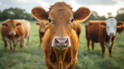 A close-up image of a young brown calf with a white snout, standing in a lush green field during sunset, with the sky painted in soft hues of blue and orange - obrazy, fototapety, plakaty
