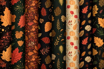 autumn and thanksgiving set of semaless patterns. Fall patterns collection with doodles for wallpaper, wrapping paper, scrapbooking, backgrounds, packaging, textile prints, etc