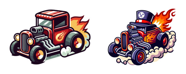 Two cartoon cars, one normal and one with flames shooting out of its exhaust, racing against each other on a track.