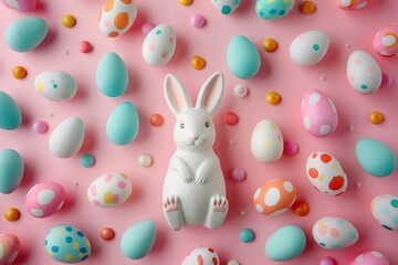 Obraz premium Happy Easter Eggs Basket easter monday tradition. Bunny hopping in Cobalt blue decoration. Adorable hare 3d Easter eggs rabbit illustration. Holy week easter hunt public holiday card sentiment