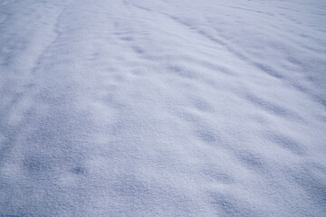 Closeup view of the white field covered with snow in winter