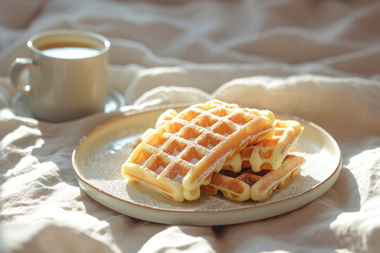 delicious golden waffles with powdered sugar and berries on a plate in bed with coffee cup for breakfast room service cozy scandinavian food cafe in editorial magazine studio setting natural light