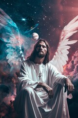 Fototapeta premium jesus with white angel wings, white holy tunic protecting earth, and planets, pink and blue colors 
