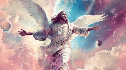 jesus with white angel wings, white holy tunic protecting earth, and planets, pink and blue colors
