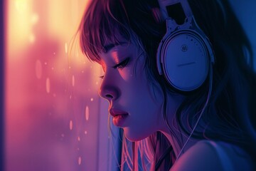 Beautiful anime girl listening to lofi hip hop music with headphones. Manga, cartoon drawing.
