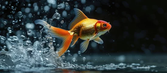 Fotobehang A goldfish, with its golden scales shimmering, gracefully swims in the water. © AkuAku