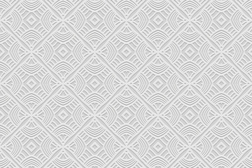 Embossed white background, cover design. Handmade. Geometric elegant 3D pattern. Ornaments, arabesques, boho style. Vintage art of the East, Asia, India, Mexico, Aztec, Peru. Ideas for creativity.