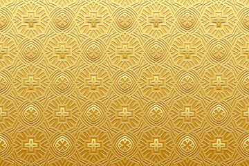 Embossed shiny gold background, cover design. Handmade. Ornaments, arabesques, boho style. Geometric gold 3D pattern. Vintage art of the East, Asia, India, Mexico, Aztec, Peru.