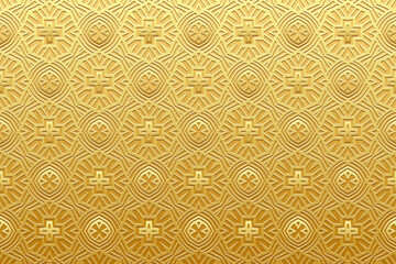 Embossed shiny gold background, cover design. Handmade. Ornaments, arabesques, boho style. Geometric gold 3D pattern. Vintage art of the East, Asia, India, Mexico, Aztec, Peru.