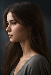 Beautiful sad glamour face of a young woman with dark brown hair in profile, clear facial features, detailed image, realistic, real, realistic facial features, realistic photography