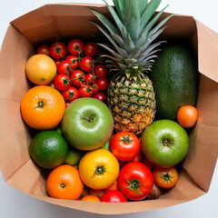 paper bag with different fruits and variety of colors, fresh with white background