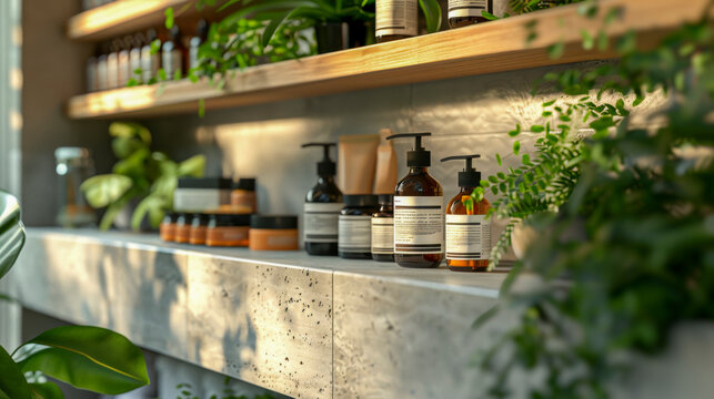 A Serene And Well-organized Display Of Luxury Haircare Products On Wooden Shelves, Bathed In Soft, Natural Light, Perfect For Beauty And Retail Themes.