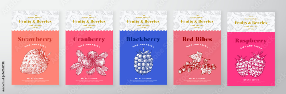 Wall mural raspberry berries and fruit pattern label templates set. vector packaging design layout collection. 