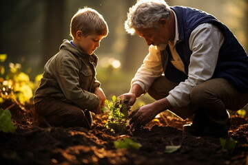 Grandpa and grandson have fun with garden work, planting some vegetables - obrazy, fototapety, plakaty