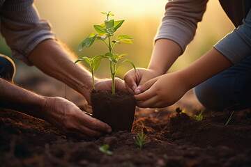 two hands planting seedlings in the earth