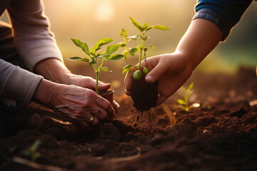 two hands planting seedlings in the earth