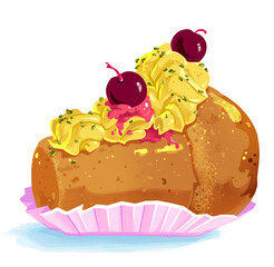 Babà al rum, amarene e pistacchi con crema al limone.
Dessert italiano. Slow food.Immagine. Clip art.Arte napoletana.