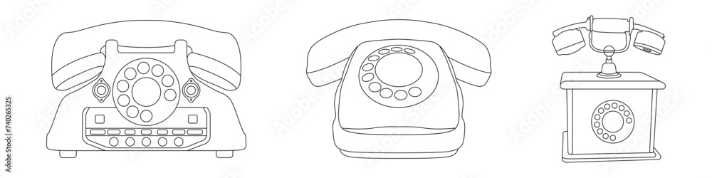 Wall mural Vintage telephones vector outline set. Landline home retro phones vector. Rotary dial old phone vector icon. Vector illustration. - Wall murals