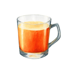 A glass tea cup with hot drink. Hand drawn watercolor food illustration isolated on white background. For clip art cards menu label package