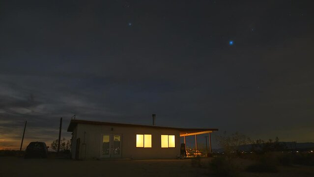 Desert Cabin Rental Night Sky Stars Timelapse Cosmos 4K Joshua Tree