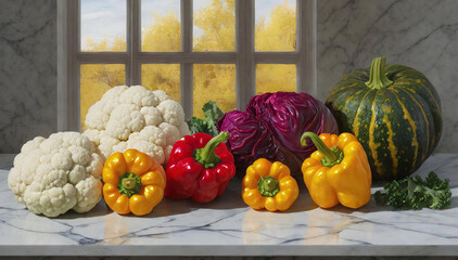 Warzywa, martwa natura. Kompozycja warzyw na marmurowym stole - obrazy, fototapety, plakaty
