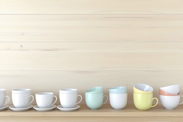 Fototapeta na wymiar different kinds of modern colourful and white crockery on light wood background