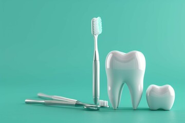 Fototapeta na wymiar Dental tools and toothbrush on green background. World Dentist Day
