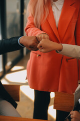 Group of Young Asian business team creative businesspeople coworker in office Happy to be successful partnership teamwork celebrating achievement and success concept.