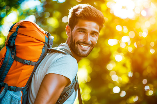 Young smiling man with a backpack on a sunny day, photorealistic illustration