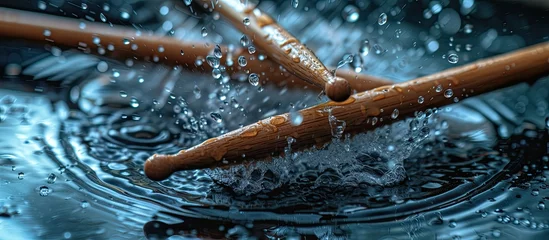 Fotobehang Two bamboo sticks are partially immersed in water as they create rhythmic beats on a wet drum surface, causing motion blur and water splashes. © AkuAku
