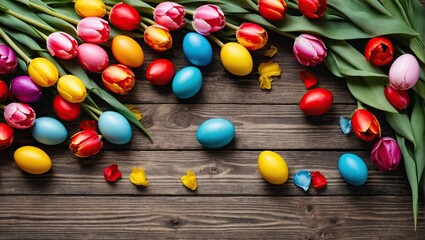 Obraz premium Easter holiday background with easter eggs and tulip flowers on wooden table, Top view from above
